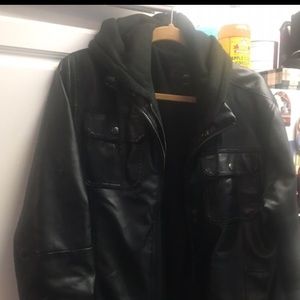 Obey men’s black hooded faux leather jacket. Men M